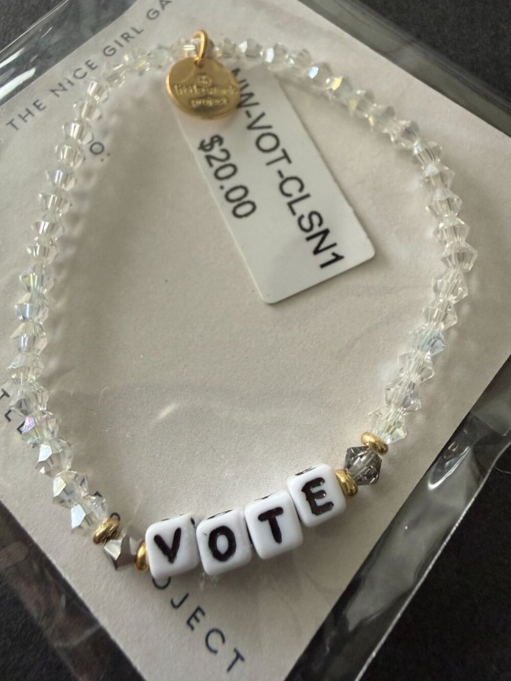 NWT Little Words Project "Vote" Beaded Bracelet Gold Charm Political Election